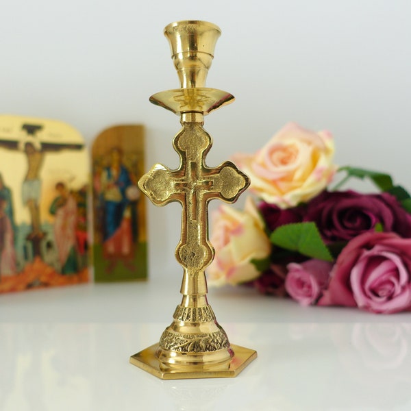 Brass Candlestick Candle Holder with cross Hand made brass candle holder 100% Authentic beatiful candle holder a perfect Christian  Gift