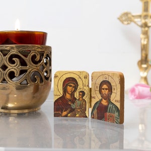 Diptych small  wooden Icon with the Jesus Christ  the Holy Theotokos (Πορταιτισσα -Portaitisa), Greek Orthodox Icon,Home Decor,Orthodox Gift