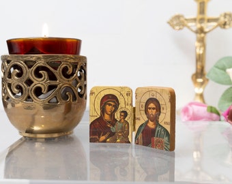 Diptychon kleine hölzerne Ikone mit dem Jesus Christus dem Heiligen Theotokos (Πορταιτισσα -Portaitisa), griechisch-orthodoxe Ikone, Wohndekoration, orthodoxes Geschenk