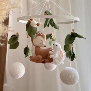 Deer and bunny crib mobile for baby girl Forest nursery decor