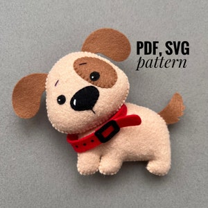May include: A felt dog toy pattern in PDF and SVG format. The dog is brown and beige with a red collar. The pattern is for sewing a plush toy.
