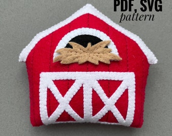 May include: Red felt barn with a white door and a hay bale in the window. PDF, SVG pattern.