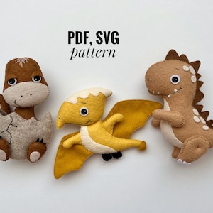 May include: A set of three felt dinosaur sewing patterns, including a brown dinosaur hatching from an egg, a yellow pterodactyl, and a brown dinosaur with white spots. The patterns are labelled "PDF, SVG pattern".