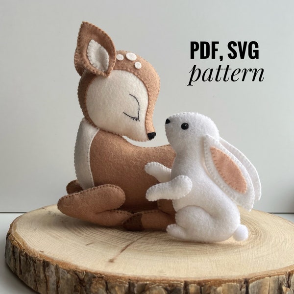 Cartamodello in feltro cervo e coniglietto, cartamodello PDF Cervo e bambino