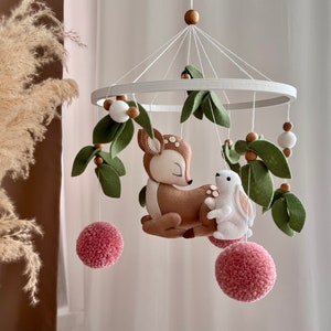 Deer and bunny crib mobile for baby girl Forest nursery decor