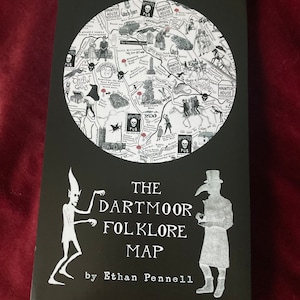 May include: A black and white map of Dartmoor folklore with illustrations of mythical creatures and landmarks. The map is titled "The Dartmoor Folklore Map" by Ethan Pennell.