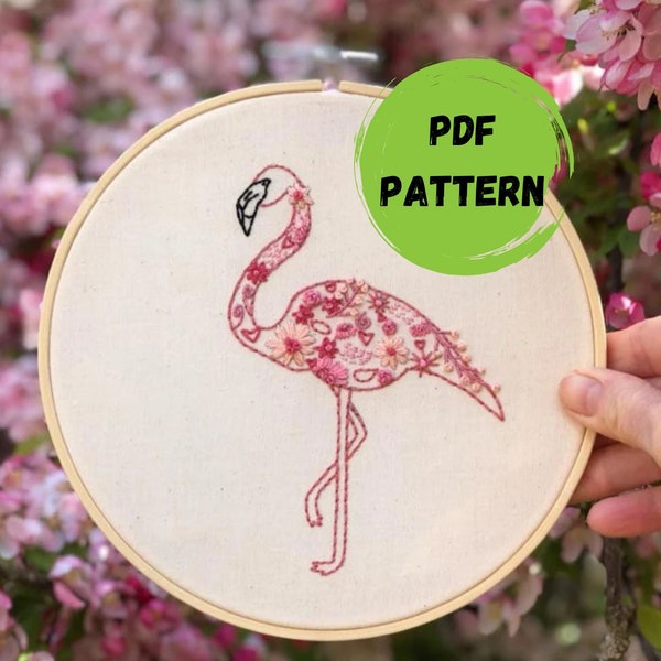 Patrón PDF de bordado de flamenco rosa por TigerTailTextiles // Bordado de flores, Bordado para principiantes y Bordado de pájaros
