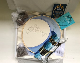 Dolphin Mindful Embroidery Kit with Watercolour Fabric and Metallic Thread by TigerTailTextiles // Watercolour embroidery, Dolphin lovers