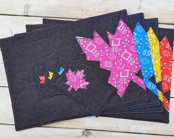 Appliqued Maple Leaf Placemats and Mug Rugs Set of Four Handmade in Newfoundland!