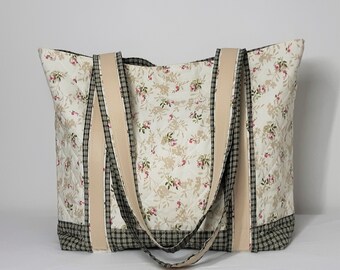 Large Handmade Market Tote in Easy Floral and Green Plaid Made in Newfoundland!