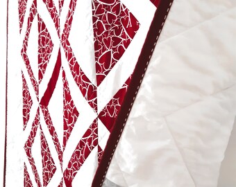Handmade in Newfoundland! Original Design Red and White Modern Love Patchwork Throw Quilt