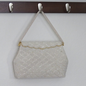 Vintage 1950s/1960s white beaded purse, satin lining and beaded strap