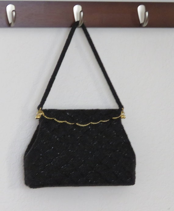 Vintage 1950s/1960s black beaded purse, satin lin… - image 1
