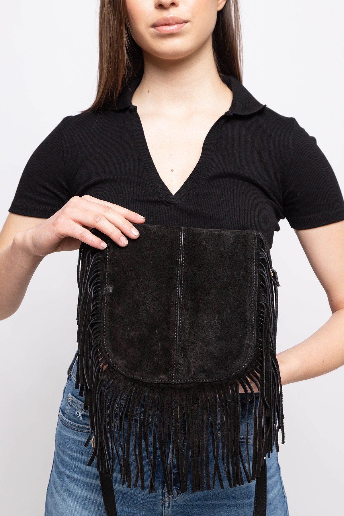 Wildleder Umhängetasche Mit Fransen - Veloursleder Made In Italy, 2 Größen