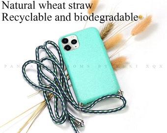 Biodegradable Eco-friendly Lanyard Necklace Crossbody Phone Case for iPhone 7 8 X XR XS SE 11 12 13 14 Plus Mini Pro Max. Made From Wheat