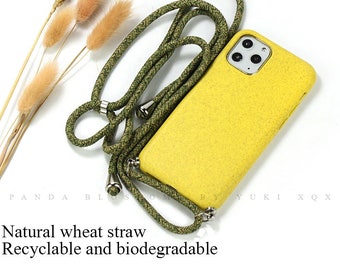 Biodegradable Eco-friendly Lanyard Necklace Crossbody Phone Case for iPhone 7 8 X XR XS SE 11 12 13 14 Plus Mini Pro Max. Made From Wheat