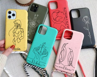 Personalized Line Art Biodegradable Eco-friendly Lanyard Phone Case for iPhone 7 8 X XR XS SE 11 12 13 14 Plus Mini Pro Max. Made From Wheat