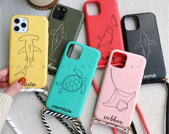Personalized Sea Animal Biodegradable Eco-friendly Lanyard Phone Case for iPhone 7 8 X XS SE 11 12 13 14 Plus Mini Pro Max. Made From Wheat.