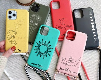 Personalized Sun Star Moon Biodegradable Eco Strap Lanyard Phone Case for iPhone 7 8 X XS SE 11 12 13 14 Plus Mini Pro Max. Made From Wheat