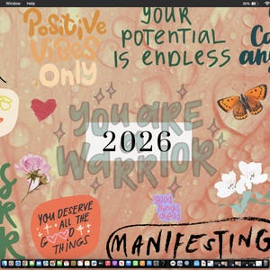 K&ouml;nnte beinhalten: Ein digitaler Hintergrund mit einem pfirsichfarbenen Hintergrund und verschiedenen motivierenden S&auml;tzen und Grafiken. Der Text enth&auml;lt "Positive Vibes Only", "Your Potential is Endless" und "You Can Do Anything". Weitere Elemente sind ein Schmetterling, Herzen und Blumen.