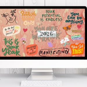 K&ouml;nnte beinhalten: Ein Computermonitor zeigt ein motivierendes Design mit S&auml;tzen wie "Positive Vibes Only", "You Are a Warrior" und "Manifesting". Das Design enth&auml;lt Illustrationen eines Schmetterlings, Blumen und Herzen auf rosa Hintergrund.