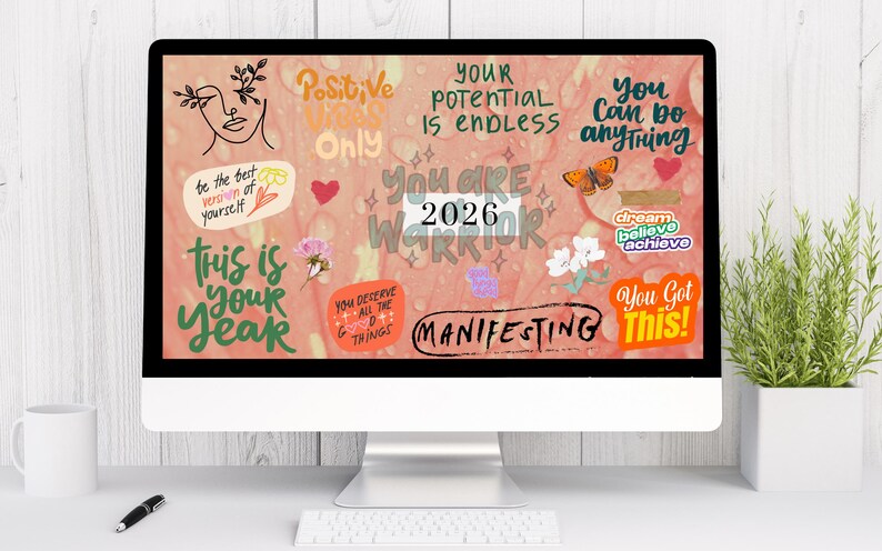 K&ouml;nnte beinhalten: Ein Computermonitor zeigt ein motivierendes Design mit S&auml;tzen wie "Positive Vibes Only", "You Are a Warrior" und "Manifesting". Das Design enth&auml;lt Illustrationen eines Schmetterlings, Blumen und Herzen auf rosa Hintergrund.