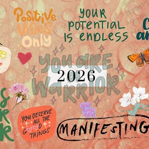 K&ouml;nnte beinhalten: Eine Collage mit inspirierenden Zitaten und Grafiken auf pfirsichfarbenem Hintergrund. Texte wie "Positive Vibes Only", "Your Potential Is Endless" und "You Can Do Anything" sind enthalten. Weitere Elemente sind ein Schmetterling, Herzen und Blumenillustrationen.