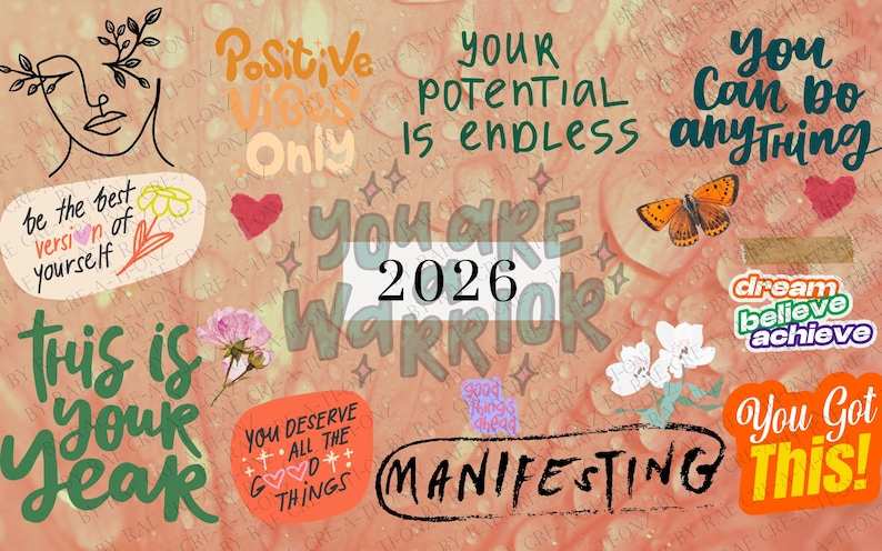 K&ouml;nnte beinhalten: Eine Collage mit inspirierenden Zitaten und Grafiken auf pfirsichfarbenem Hintergrund. Texte wie "Positive Vibes Only", "Your Potential Is Endless" und "You Can Do Anything" sind enthalten. Weitere Elemente sind ein Schmetterling, Herzen und Blumenillustrationen.