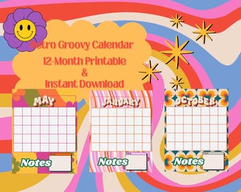 Könnte beinhalten: Ein Retro-Groovy-Kalender mit einem farbenfrohen, psychedelischen Design. Der Kalender zeigt drei Monate: Mai, Januar und Oktober, jeweils mit einem Raster für tägliche Einträge und einem Notizbereich. Der Hintergrund hat ein wirbelndes Regenbogenmuster.