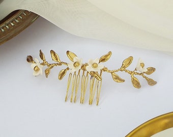 Small gold Bridal hair comb - Gold leaf comb  #195