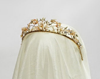 Bridal tiara, Beaded bridal headpiece, Golden Bridal crown, Tiara, Wedding Floral Headband, Gold beaded tiara #412