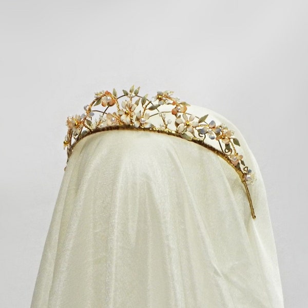 Bridal tiara, Beaded bridal headpiece, Golden Bridal crown, Tiara, Wedding Floral Headband, Gold beaded tiara #412