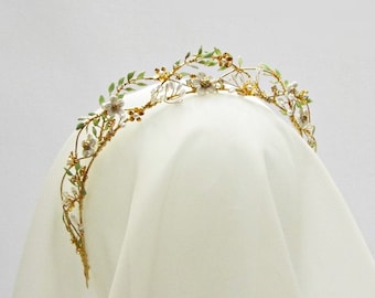 Bridal tiara, Beaded bridal headpiece, Golden Bridal crown, Tiara, Wedding Floral Headband, Gold beaded tiara #249