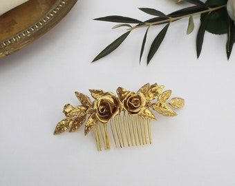 Gold hair comb, Golden bridal hairpiece, gold bridal accessory,  Rose flower hair comb  #191