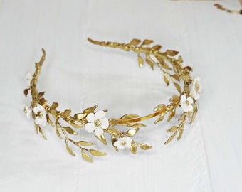 Gold tiara - Gold bridal crown - Gold leaf headpiece  #224