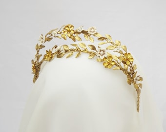 Gold tiara - Gold bridal crown - Gold leaf headpiece  #176
