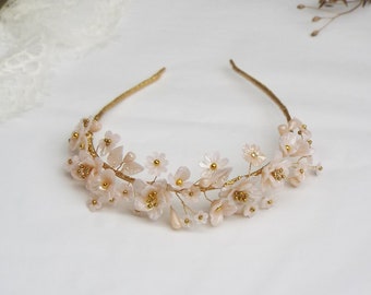 Bridal headpiece, Golden pearl Bridal crown, Tiara, Wedding Floral Headband, Gold beaded tiara #382