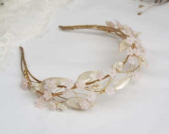 Bridal tiara, Beaded bridal headpiece, Golden Bridal crown, Tiara, Wedding Floral Headband, Gold beaded tiara #395