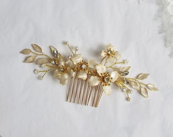 Gold leaf bridal Comb, Pearl gold bridal Comb, flower hair comb,  wedding comb, Golden Bridal hair piece  #343