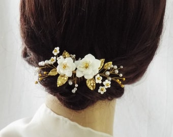Gold leaf bridal Comb, Pearl gold bridal Comb, flower hair comb,  wedding comb, Golden Bridal hair piece  #257