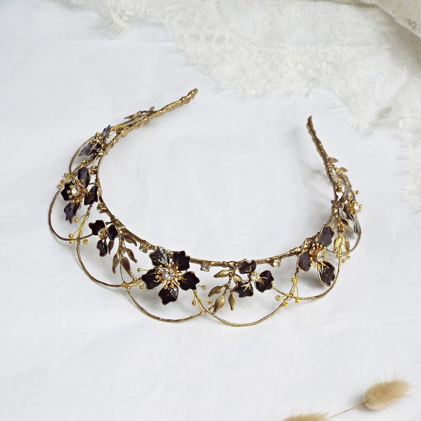 Gold and black bridal crown, Floral bridal crown, Bridal tiara #242