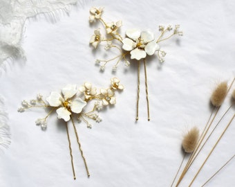 Gold and white Floral Bridal Hair Pins, beaded hair pins, Bridal pins, Set if two #338