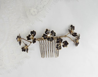 Black and gold Flower hair comb - Black and gold hair piece -  #351