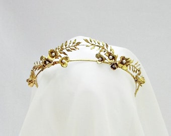 Gold tiara, Bridal headpiece,  Edwardian style Bridal crown, Gold leaf crown #234