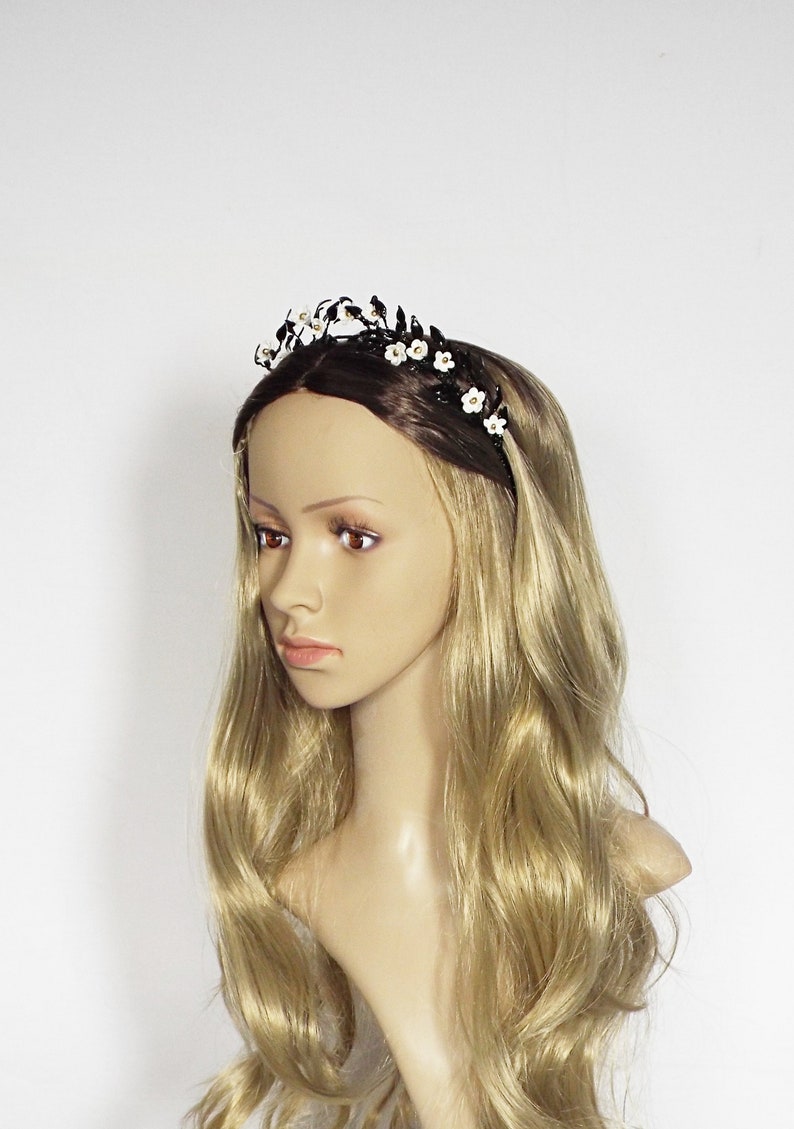 Black Leaf Tiara Black and White Flower Crown Black Bridal Etsy