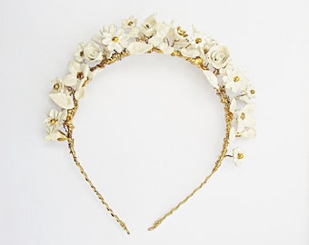 Bridal tiara - Wedding headpiece - White and gold crown #180