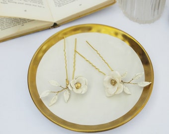 Bridal hair pins - Gold and white flower pins #220