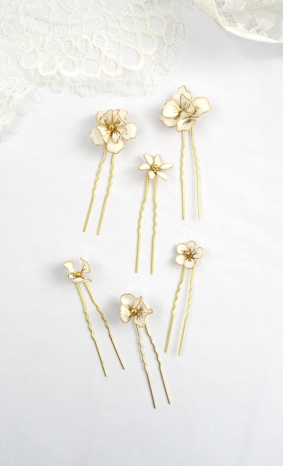 Gold Flower Bridal Hair Pins: Enamel Floral Hairpiece, Set 