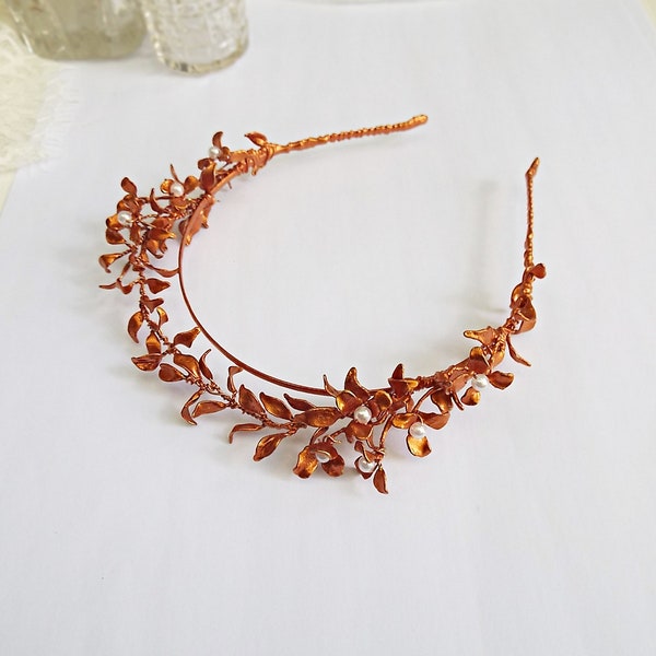 Copper leaf tiara - Red Copper bridal headpiece - Wedding crown  #232