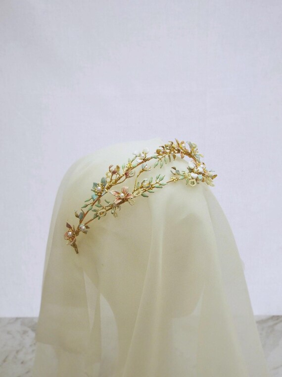 Floral Gold Tiara with Pink and Blue Accents Pink and Turquoise Flower Hair Crown, Boho Wedding Hair  main image 4